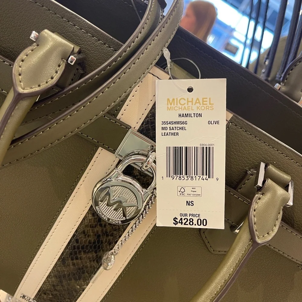 MICHAEL KORS Hamilton Med Leather and Snake Embossed Stripe Satchel Olive  NWT